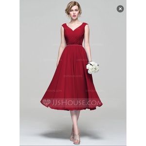 Chiffon Bridesmaid Burgandy Tea length